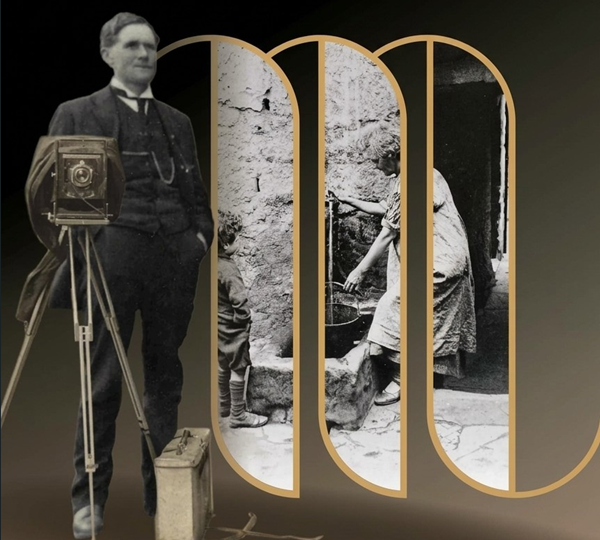 early 20th century photos: man with camera on tripod and 2 girls filling a bucket from an outdoor tap